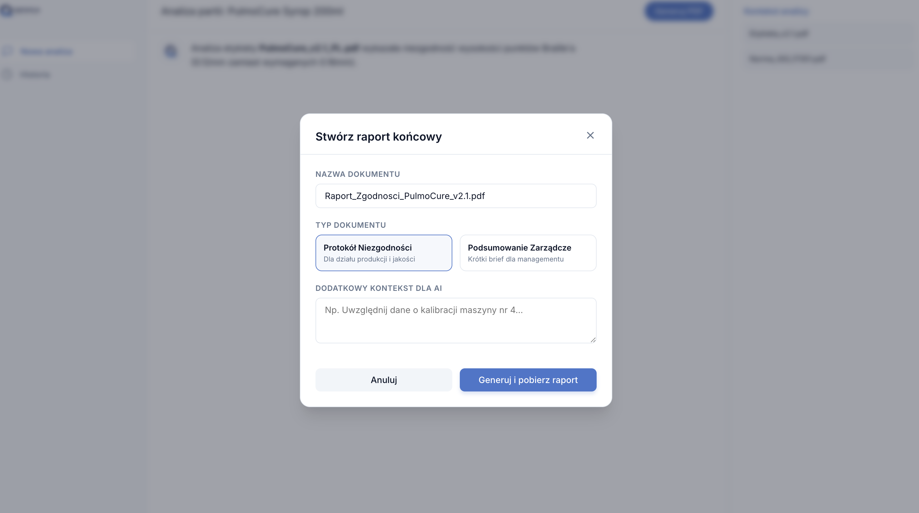 Zrzut ekranu generowania raportów w QENSA AI