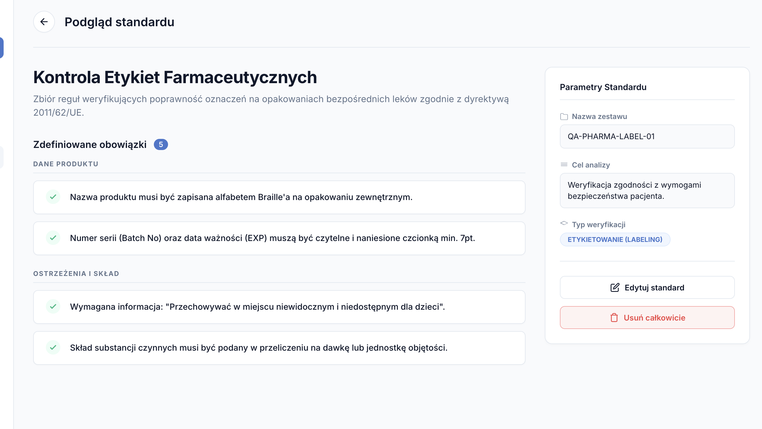 Zrzut ekranu tworzenia standardów w QENSA AI